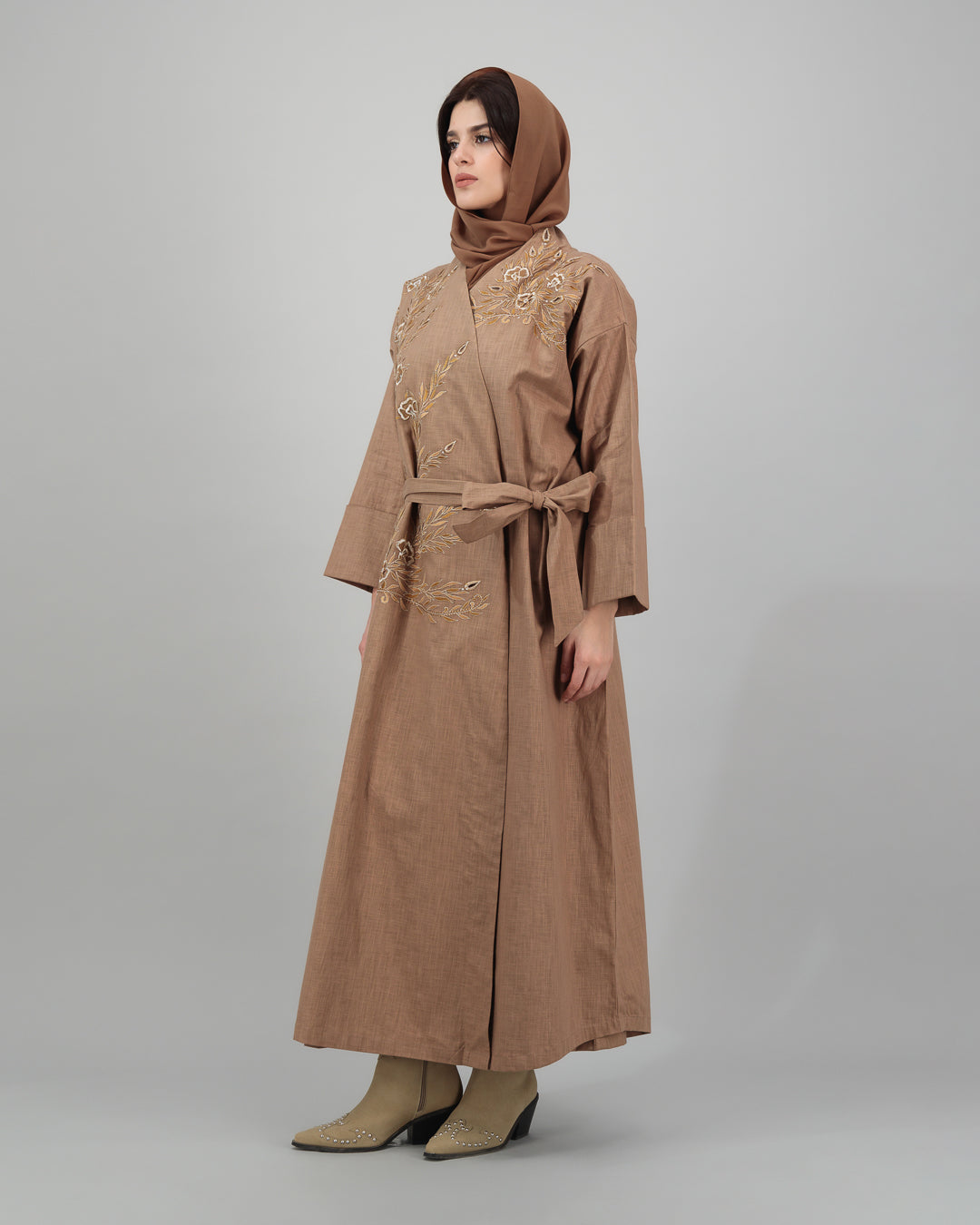 Earthy Brown Abaya with Embroidered Foliage and Waist Tie