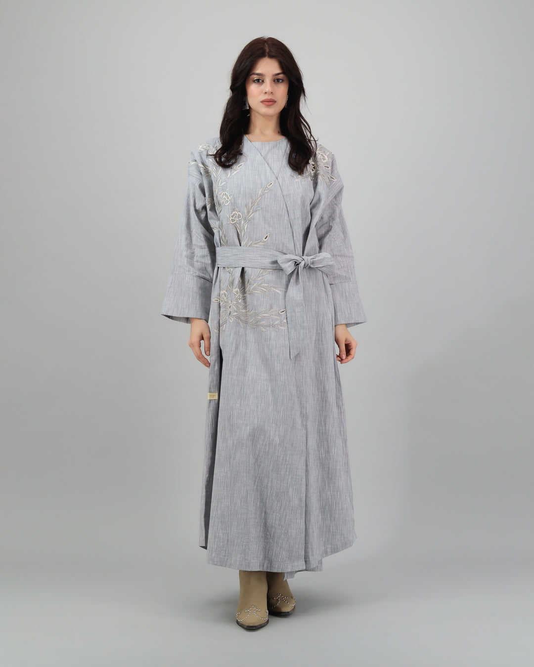 Soft Grey Embroidered Wrap Abaya with Waist Tie