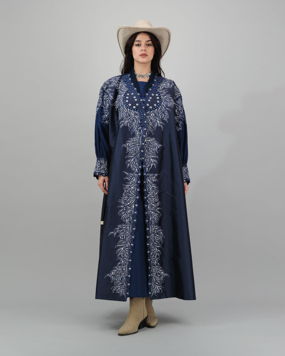 Navy Embroidered Abaya with Western-Inspired Elegance