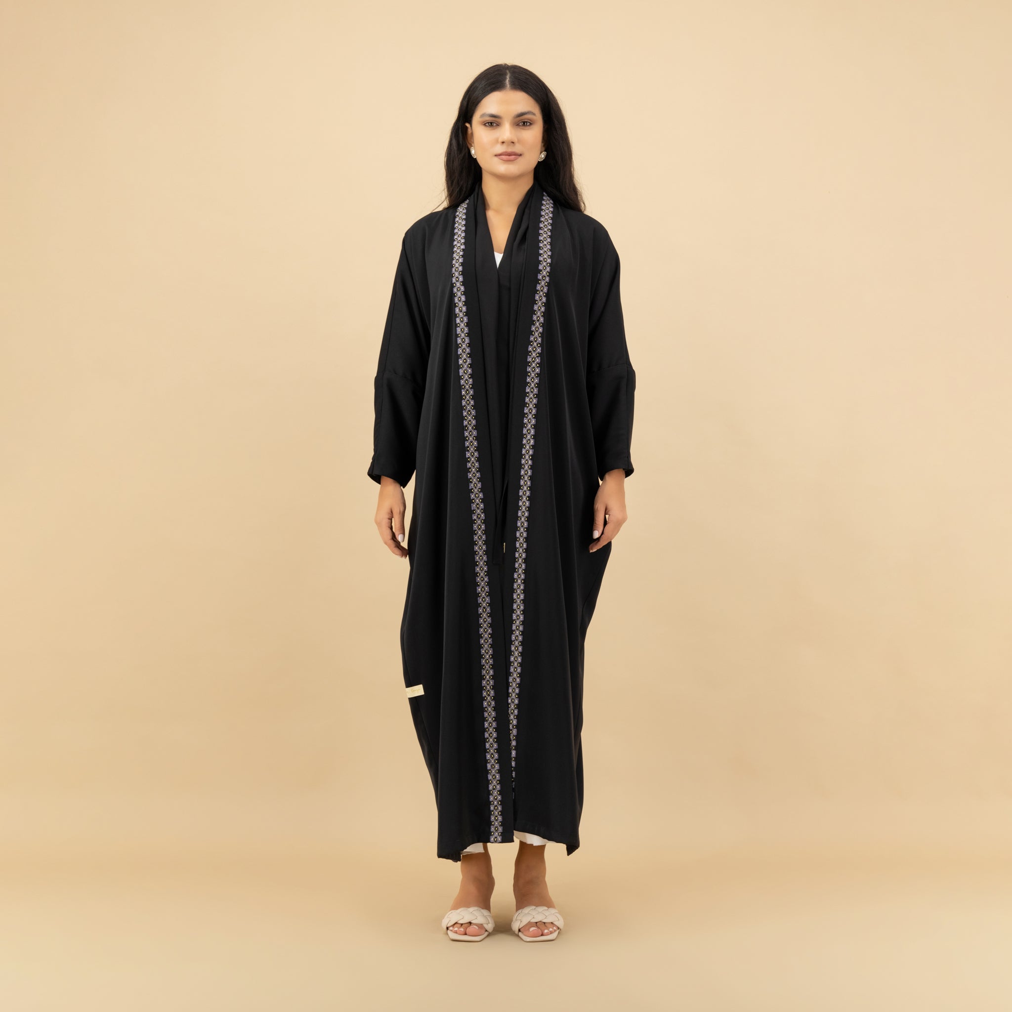 Classic Black Abaya with Intricate Front Embroidery