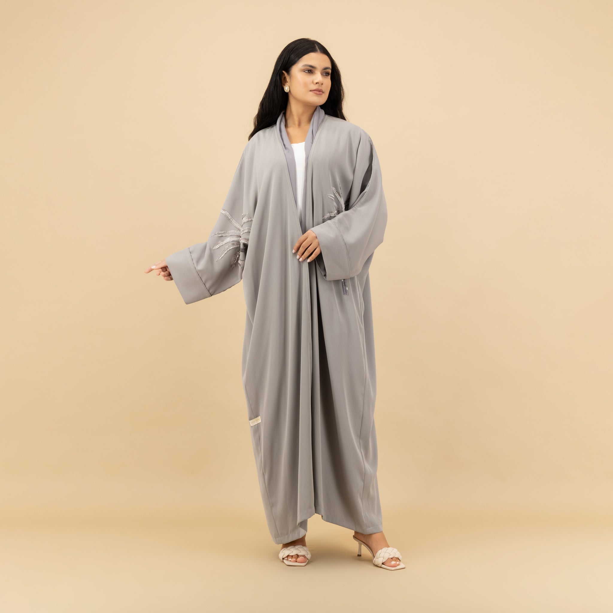 Ethereal Gray Draped Abaya with Artistic Sleeve Embroidery