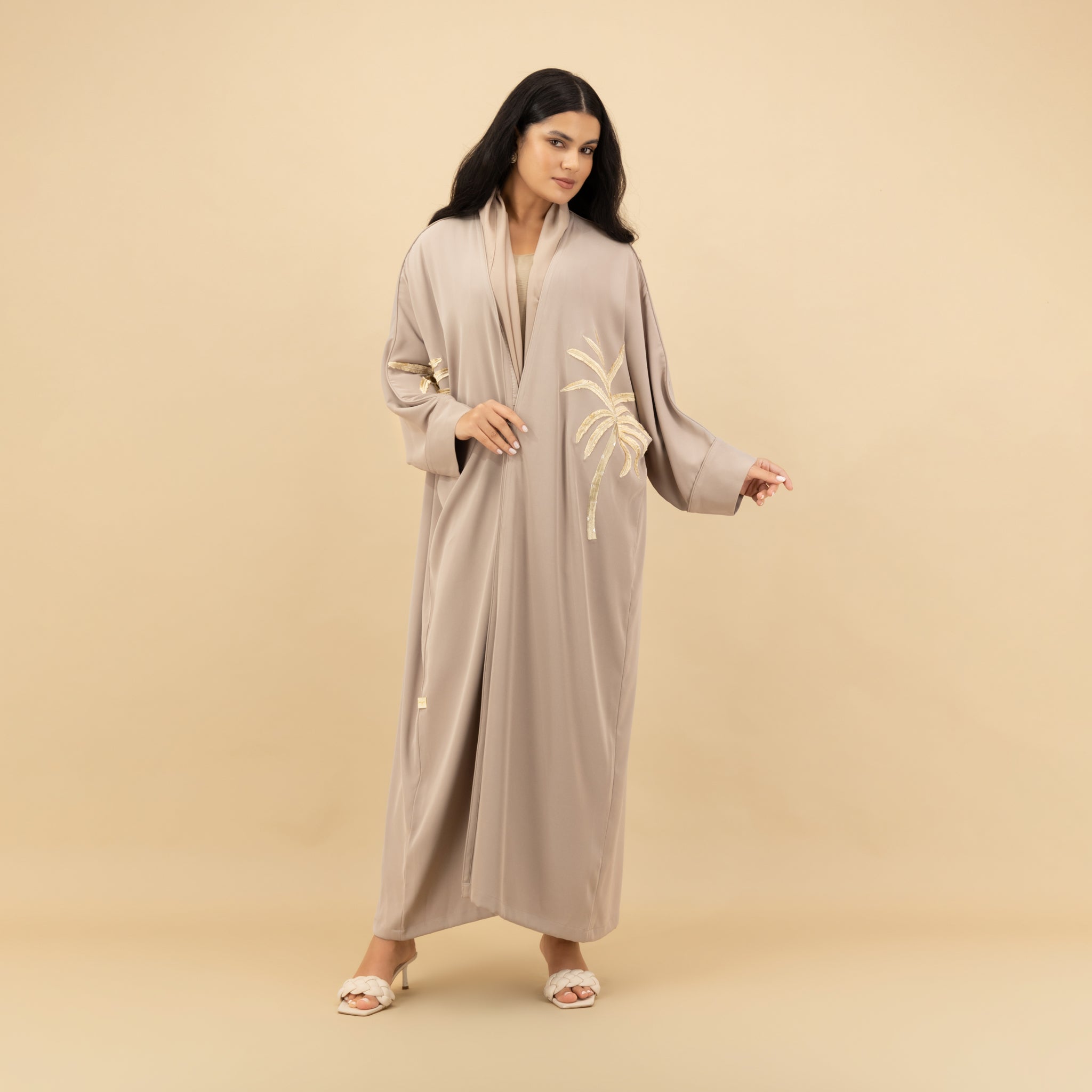 Elegant Taupe Abaya with Gold Palm Embroidery