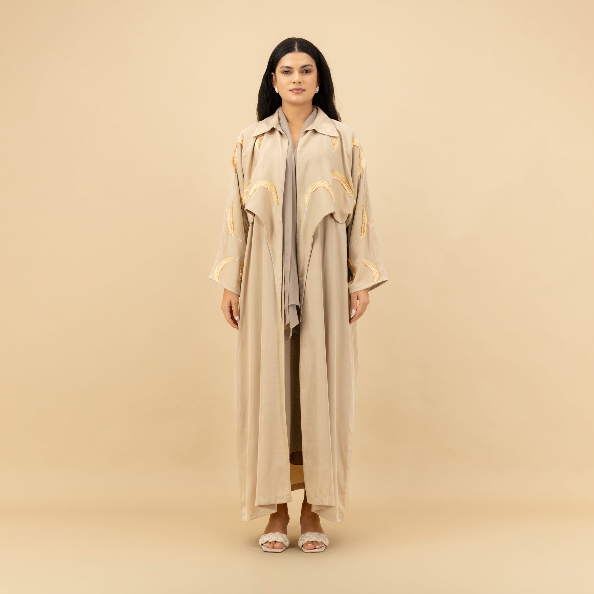 Graceful Beige Abaya with Golden Feather Embroidery