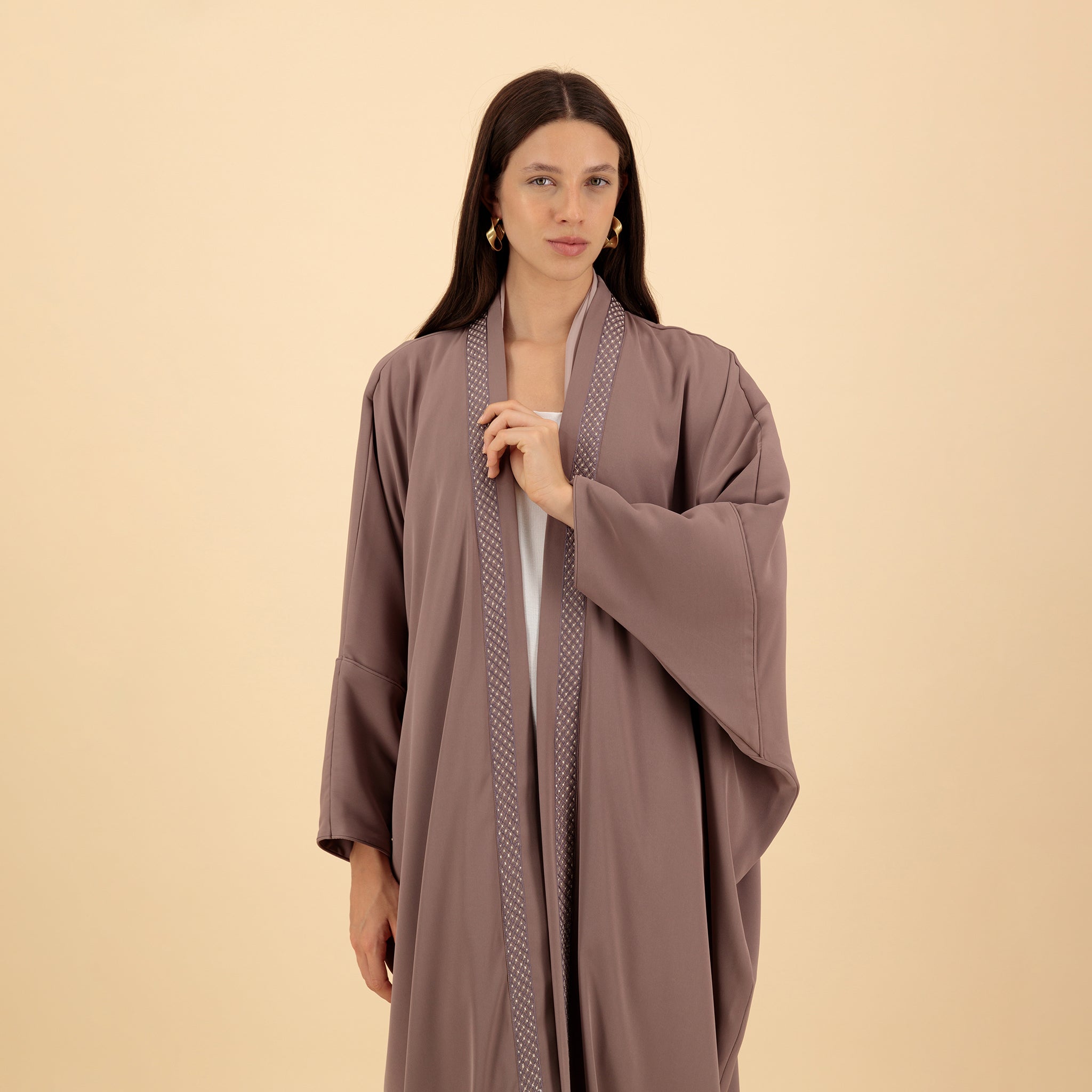 Mauve Open Abaya with Subtle Trim Detailing