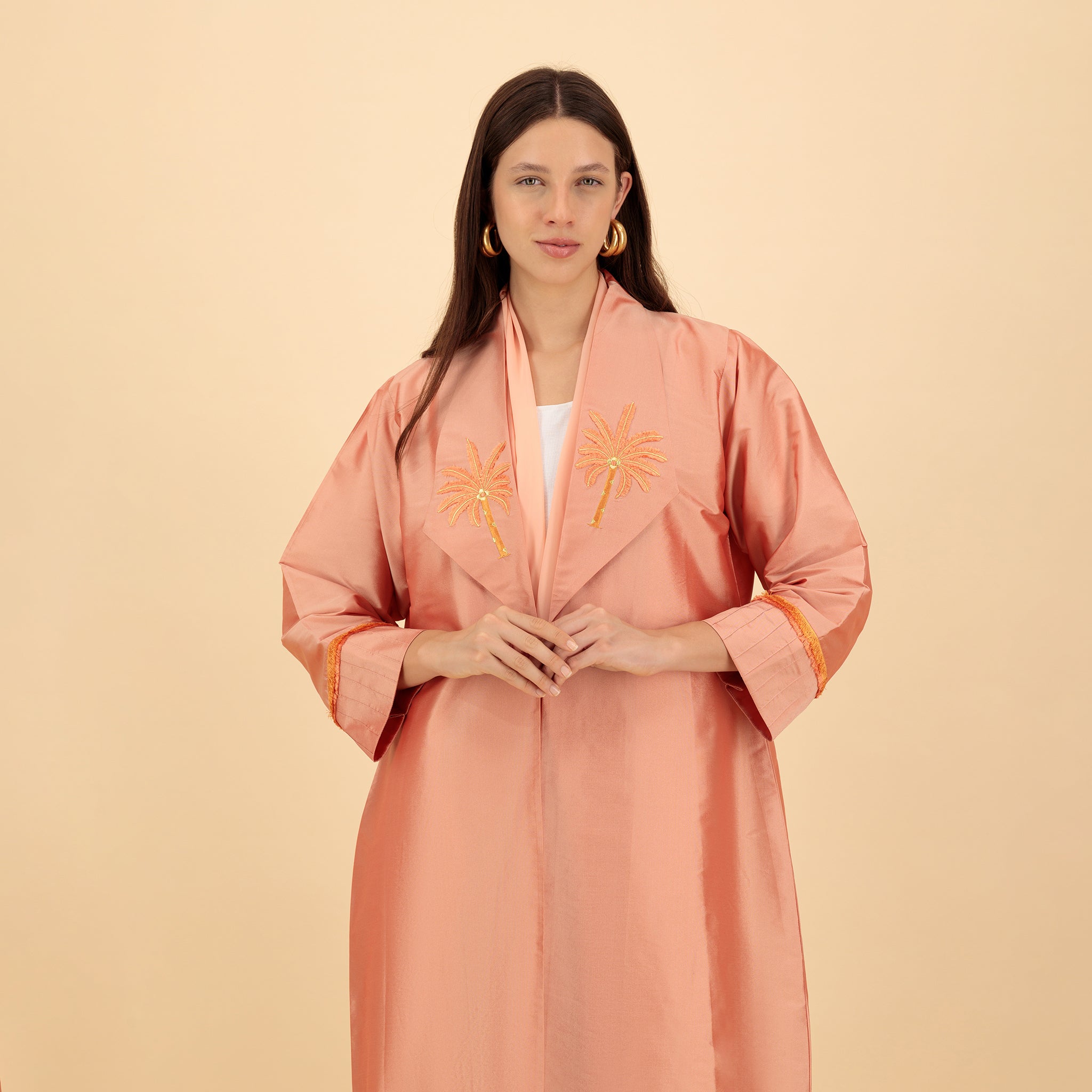 Orange‑Pink Taffeta Abaya with Palm Embroidery