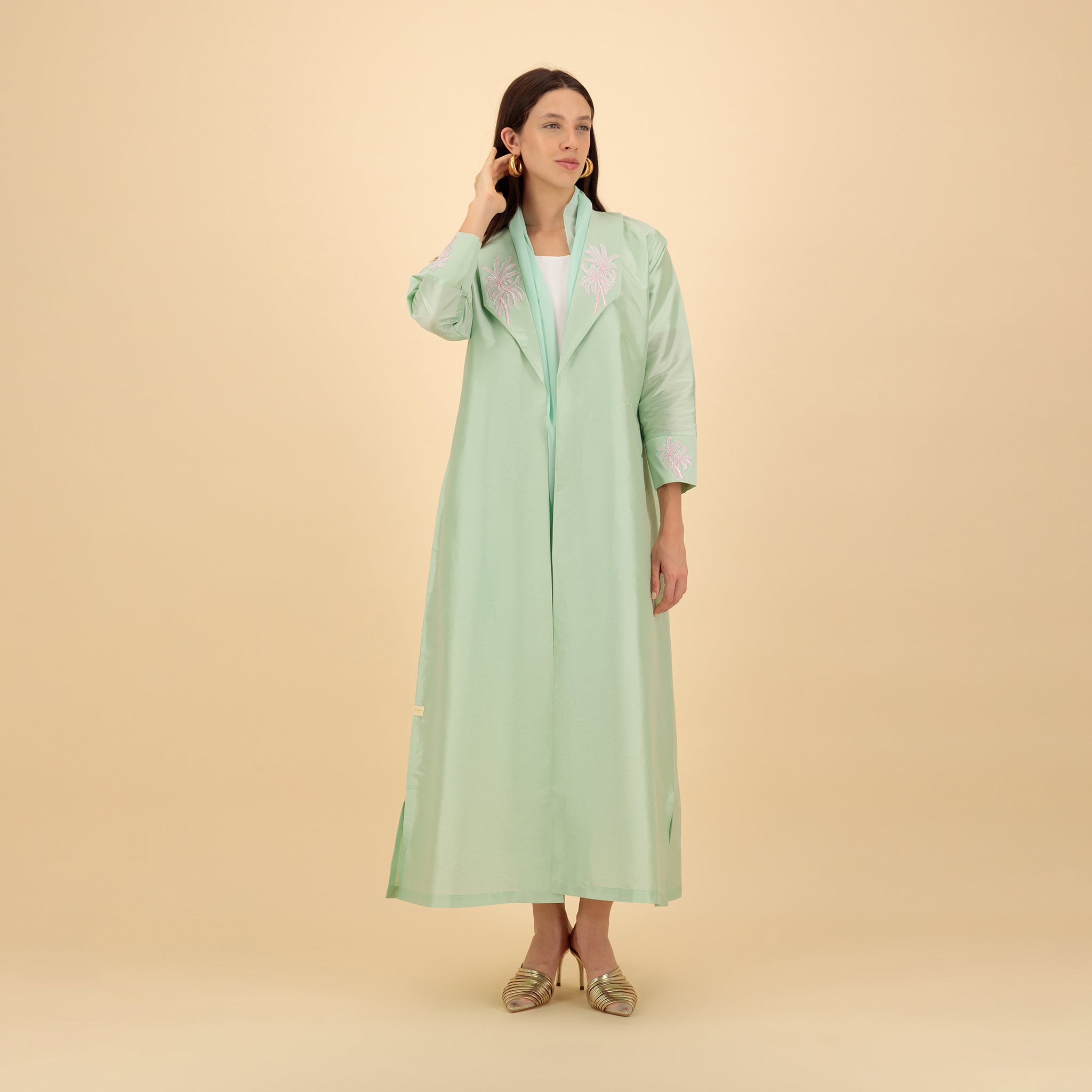 Aqua Pearl Abaya with Palm Tree Embroidery