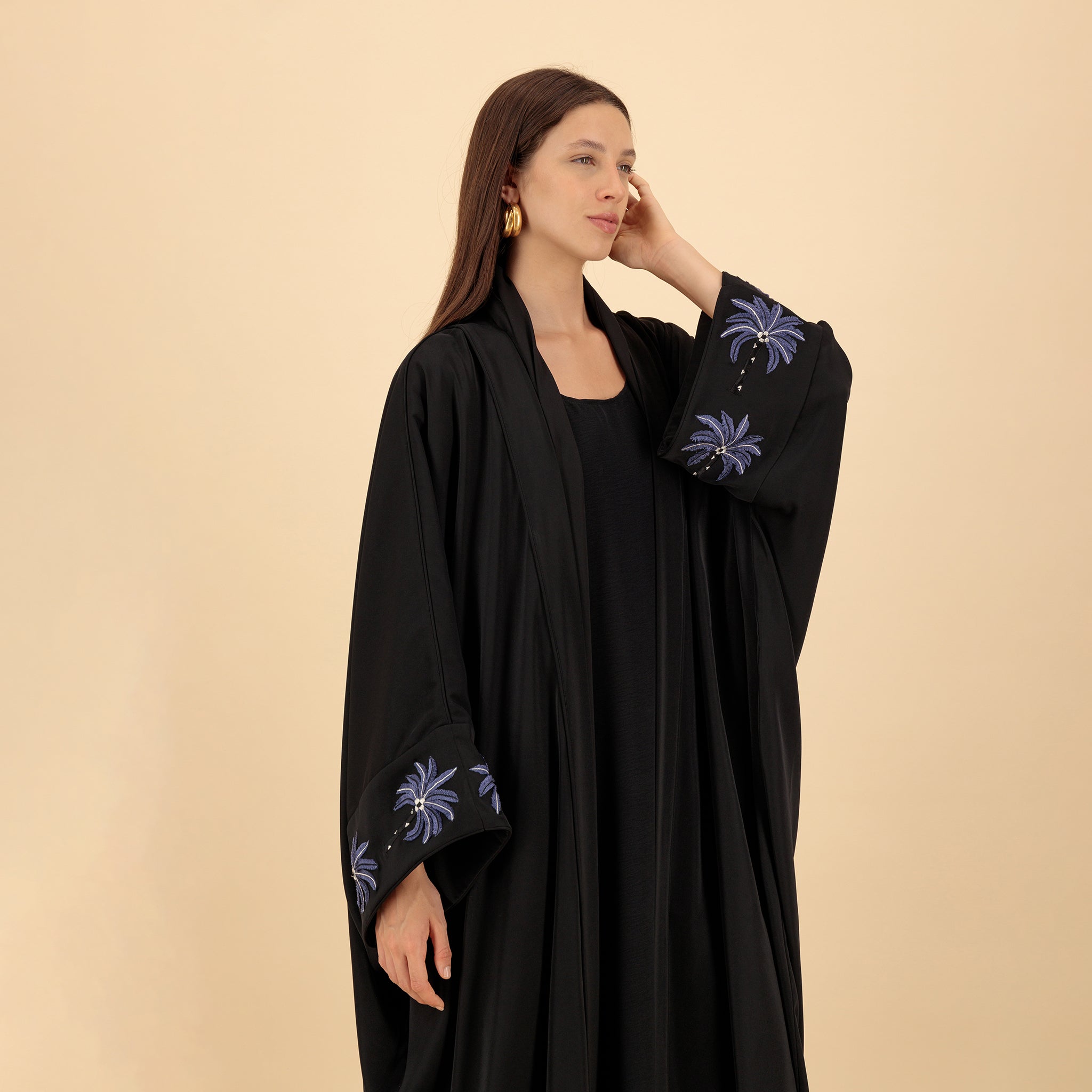 Black Crepe Abaya with Palm Embroidery
